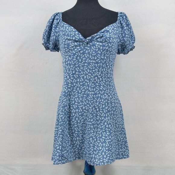 Shein Womens Small Blue Floral Puff Sleeve Sweetheart Mini Summer Dress Zip Back - Picture 1 of 10